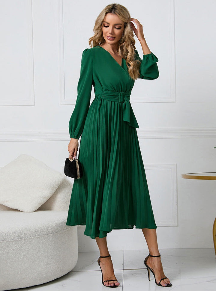 Sofia | Vestido Midi Manga Comprida para Casamento Mulher Plissado Decote V