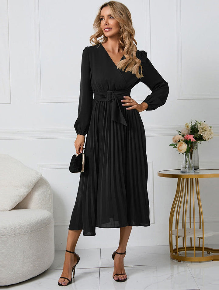 Sofia | Vestido Midi Manga Comprida para Casamento Mulher Plissado Decote V
