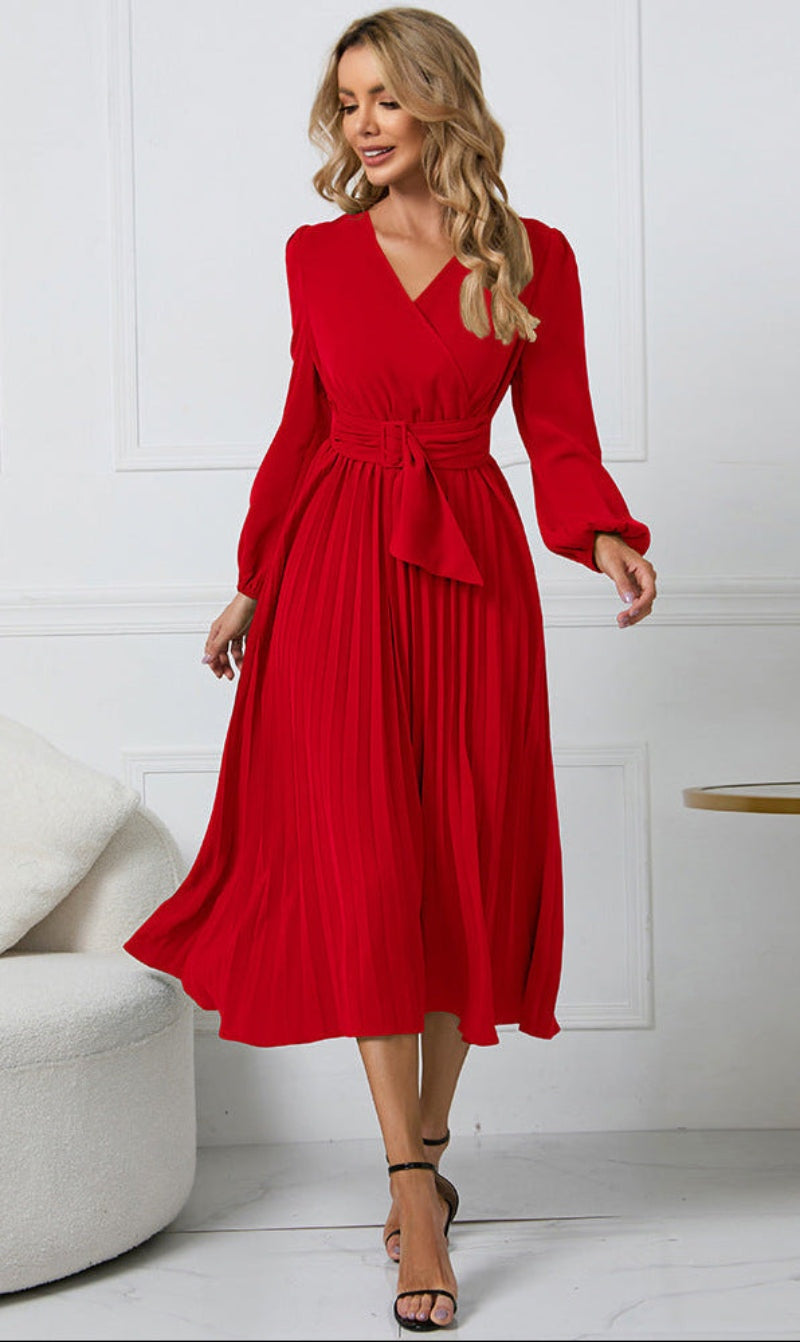 Sofia | Vestido Midi Manga Comprida para Casamento Mulher Plissado Decote V