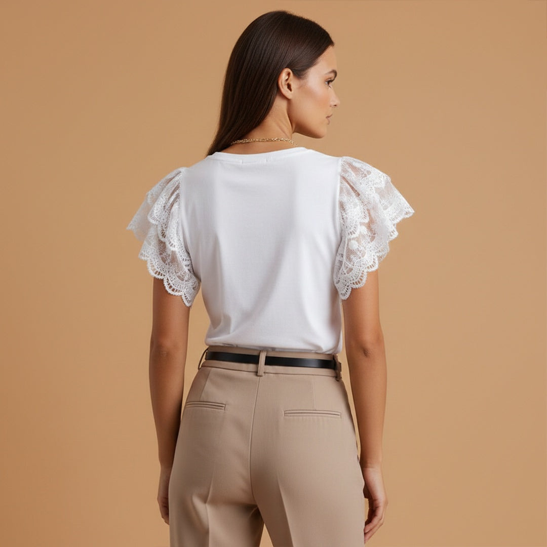 Luísa | T-shirt de Renda Mulher Mangas Drapeadas