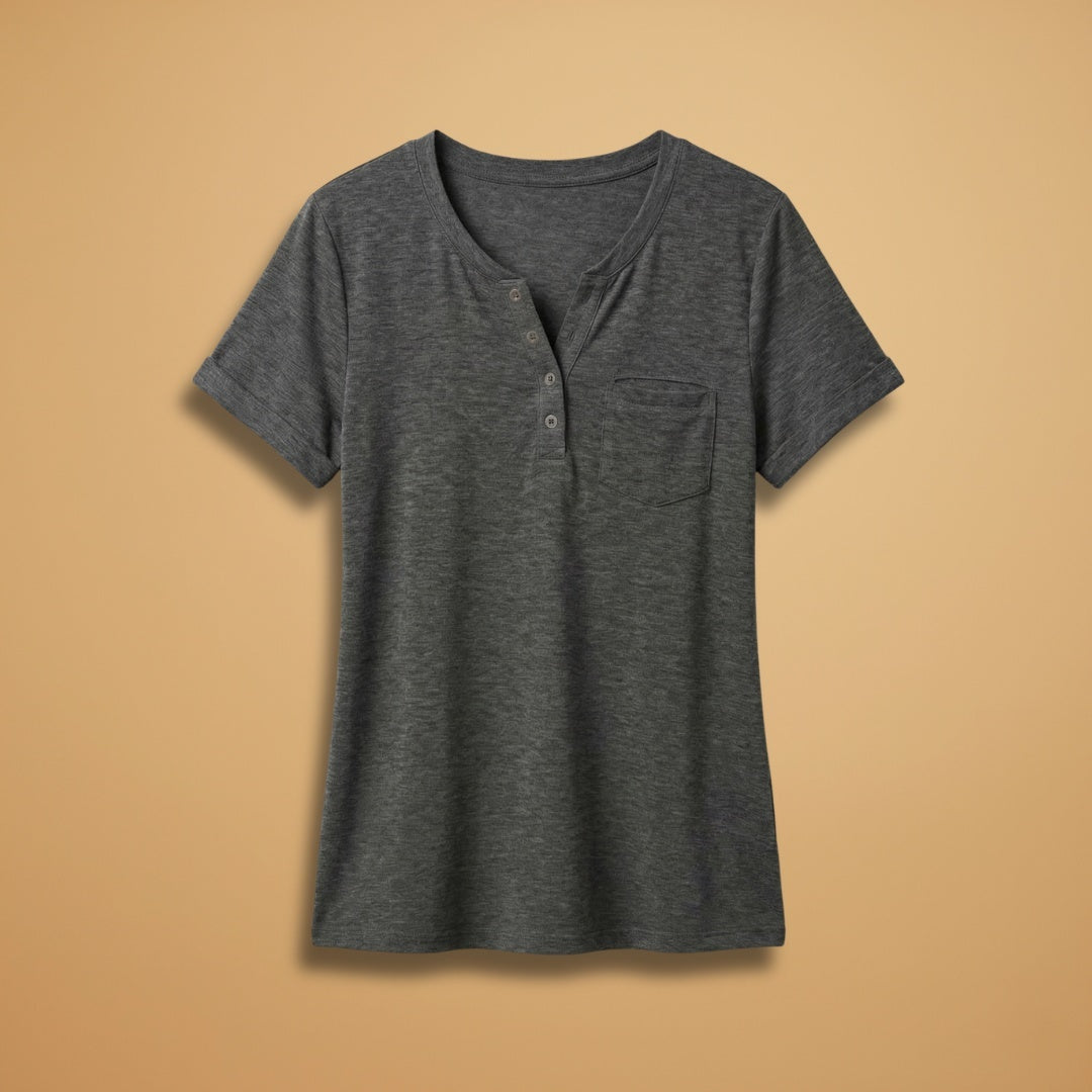 Elisabete | T-Shirt Henley Manga Curta Mulher Corte Relaxado
