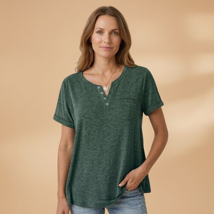 Elisabete | T-Shirt Henley Manga Curta Mulher Corte Relaxado