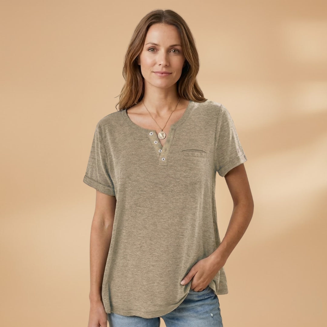 Elisabete | T-Shirt Henley Manga Curta Mulher Corte Relaxado