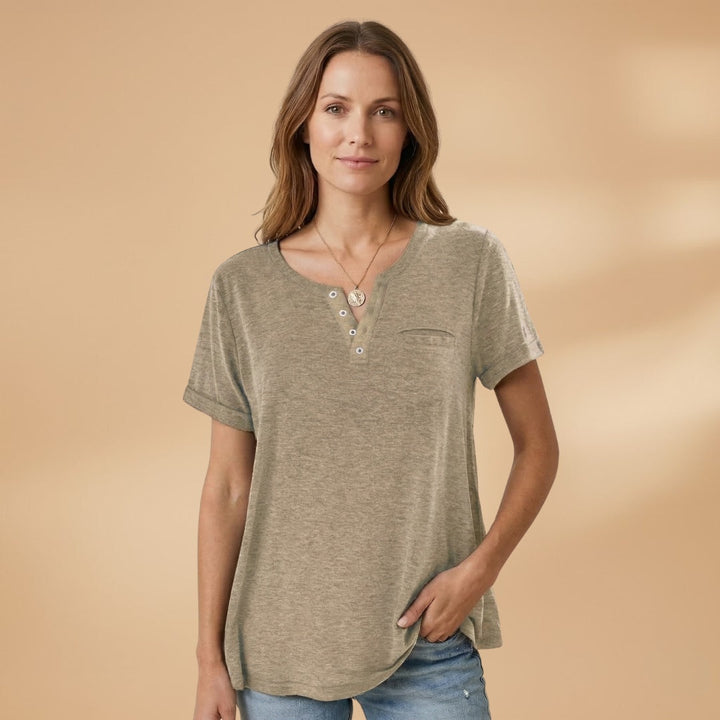 Elisabete | T-Shirt Henley Manga Curta Mulher Corte Relaxado