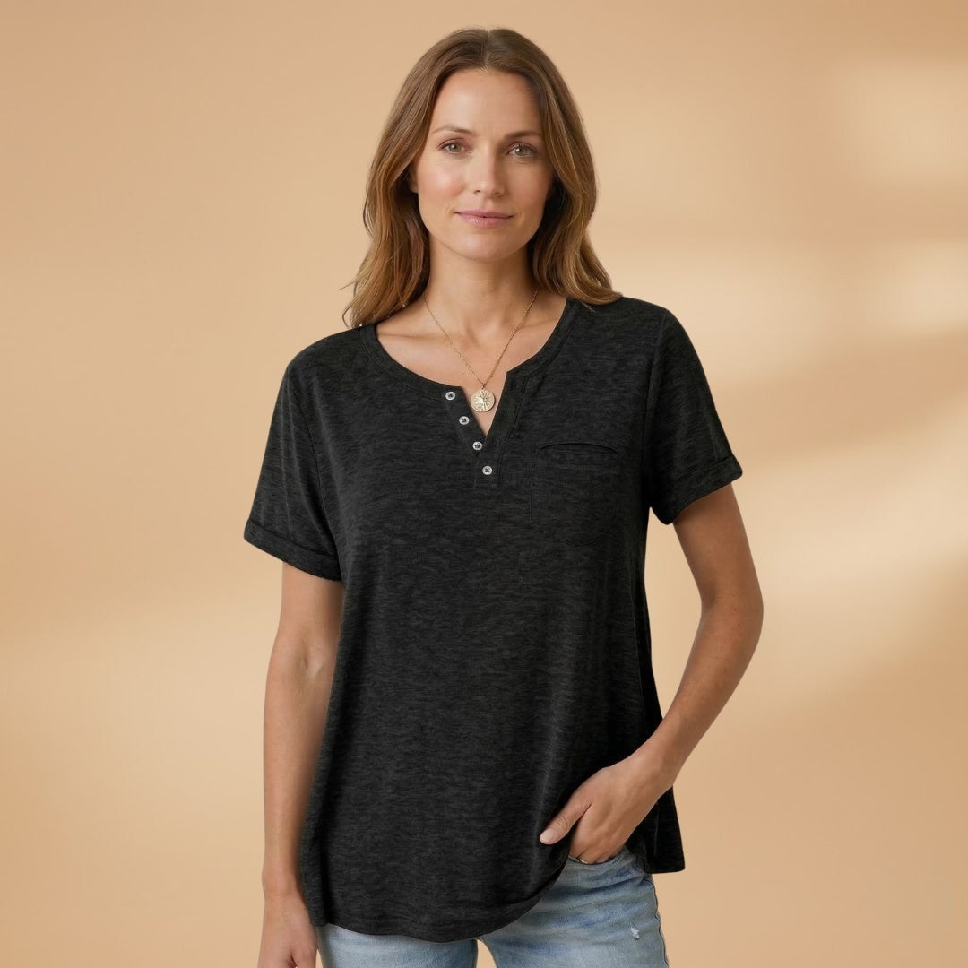 Elisabete | T-Shirt Henley Manga Curta Mulher Corte Relaxado
