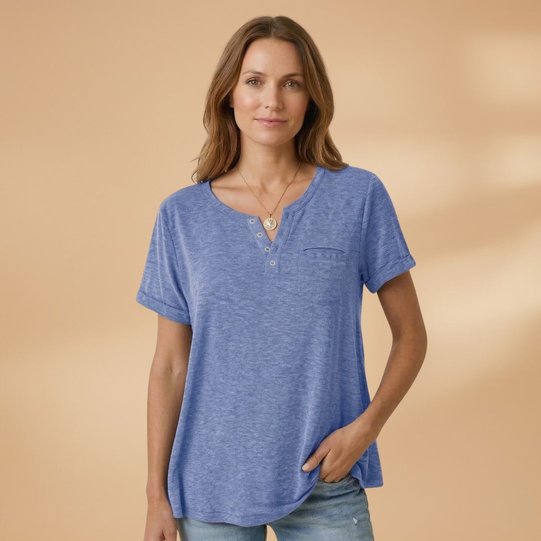 Elisabete | T-Shirt Henley Manga Curta Mulher Corte Relaxado