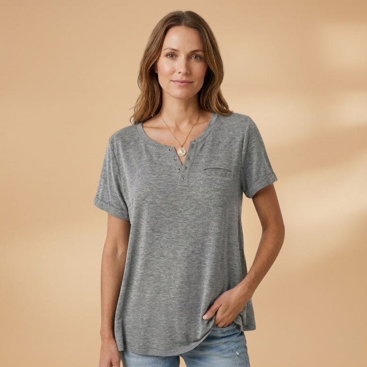 Elisabete | T-Shirt Henley Manga Curta Mulher Corte Relaxado