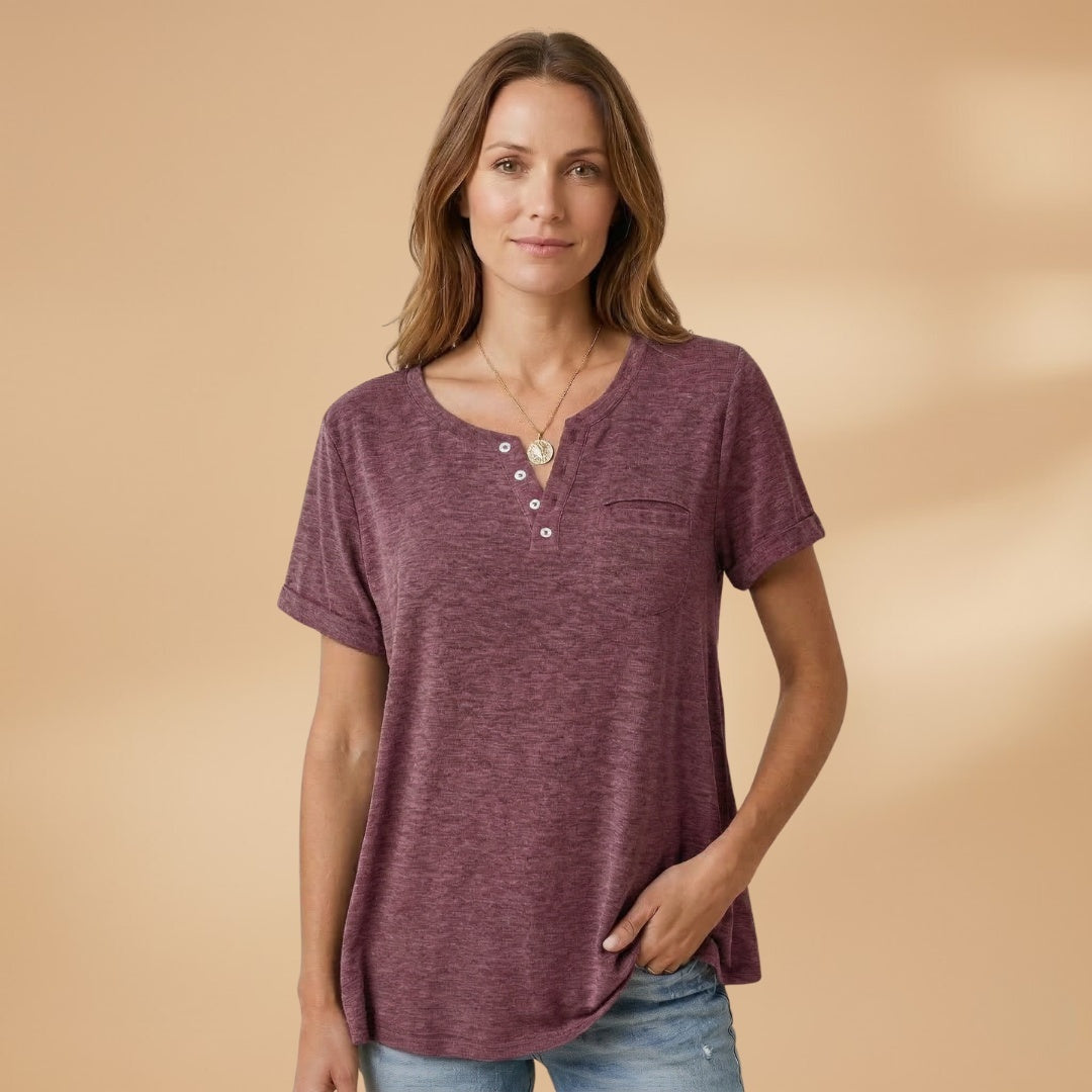 Elisabete | T-Shirt Henley Manga Curta Mulher Corte Relaxado