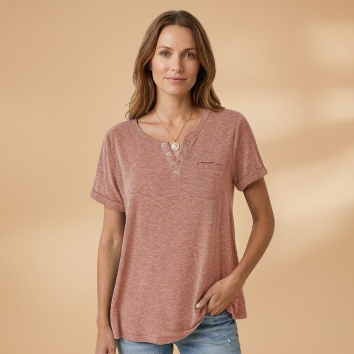 Elisabete | T-Shirt Henley Manga Curta Mulher Corte Relaxado