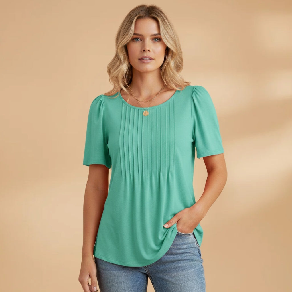 Cláudia | T-Shirt Plissada Manga Curta Mulher Decote Redondo