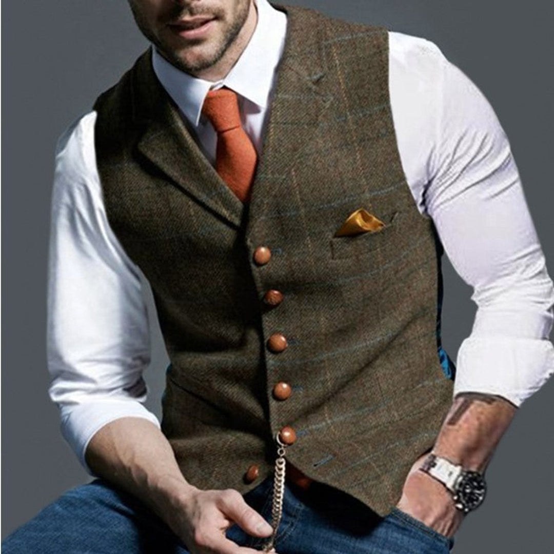 Tomás | Colete de Tweed Homem Xadrez Slim Fit com Bolso no Peito