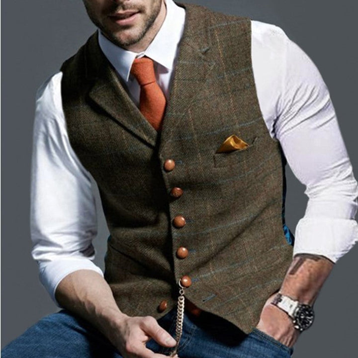 Tomás | Colete de Tweed Homem Xadrez Slim Fit com Bolso no Peito