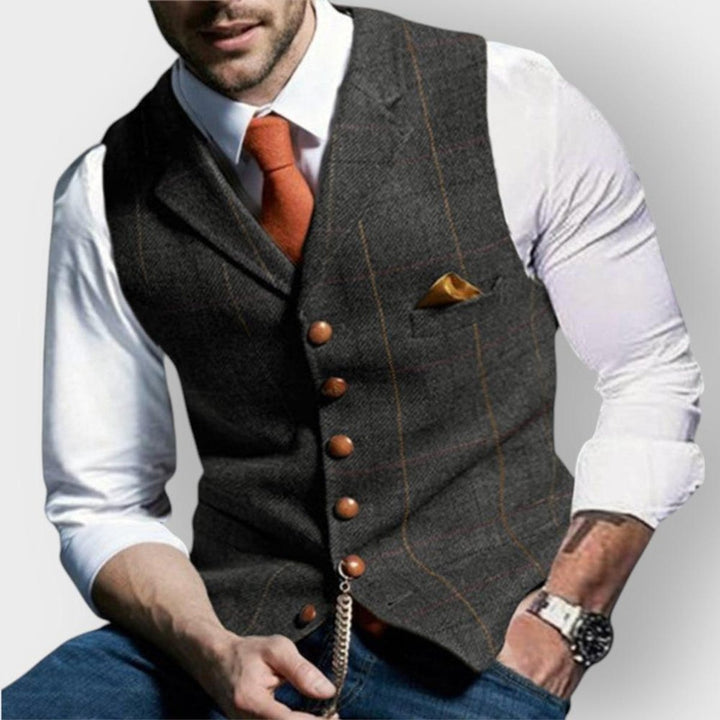 Tomás | Colete de Tweed Homem Xadrez Slim Fit com Bolso no Peito