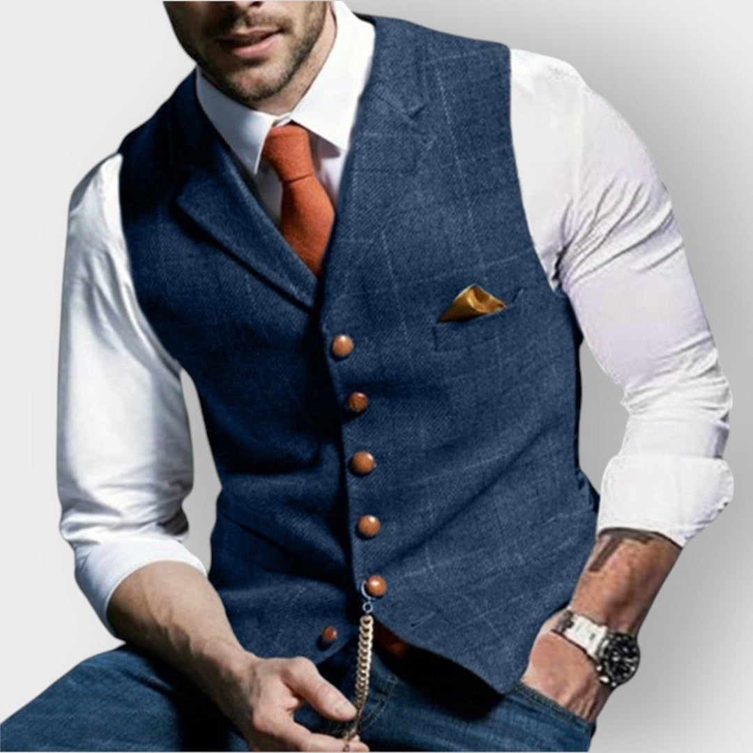 Tomás | Colete de Tweed Homem Xadrez Slim Fit com Bolso no Peito