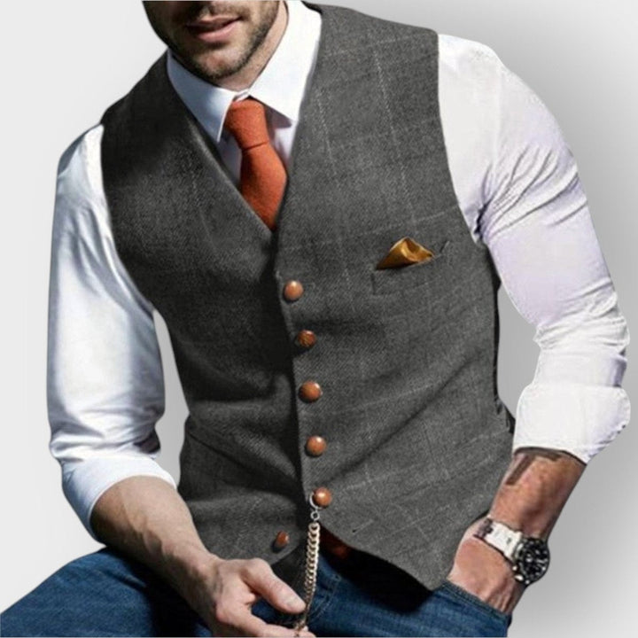 Tomás | Colete de Tweed Homem Xadrez Slim Fit com Bolso no Peito