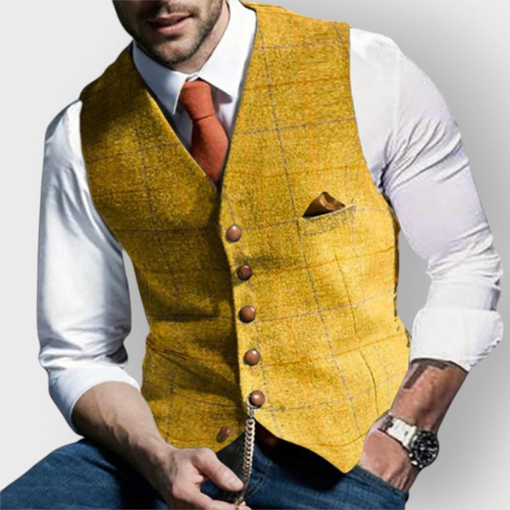 Tomás | Colete de Tweed Homem Xadrez Slim Fit com Bolso no Peito