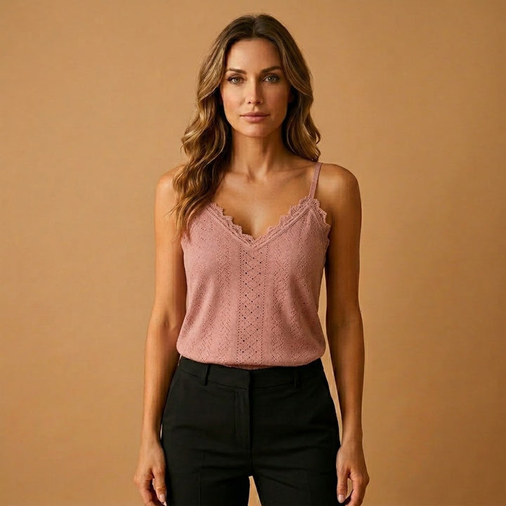 Isabel | Top de Malha Renda Decote V Mulher Alças Finas