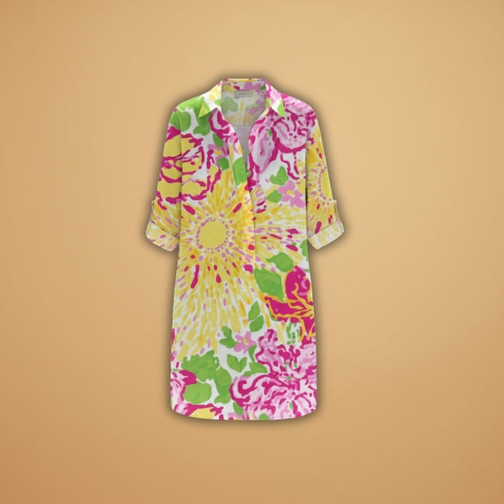 Patrícia | Vestido Camiseiro Estampado Floral Mulher Manga Comprida