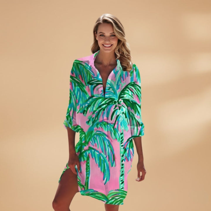 Patrícia | Vestido Camiseiro Estampado Floral Mulher Manga Comprida