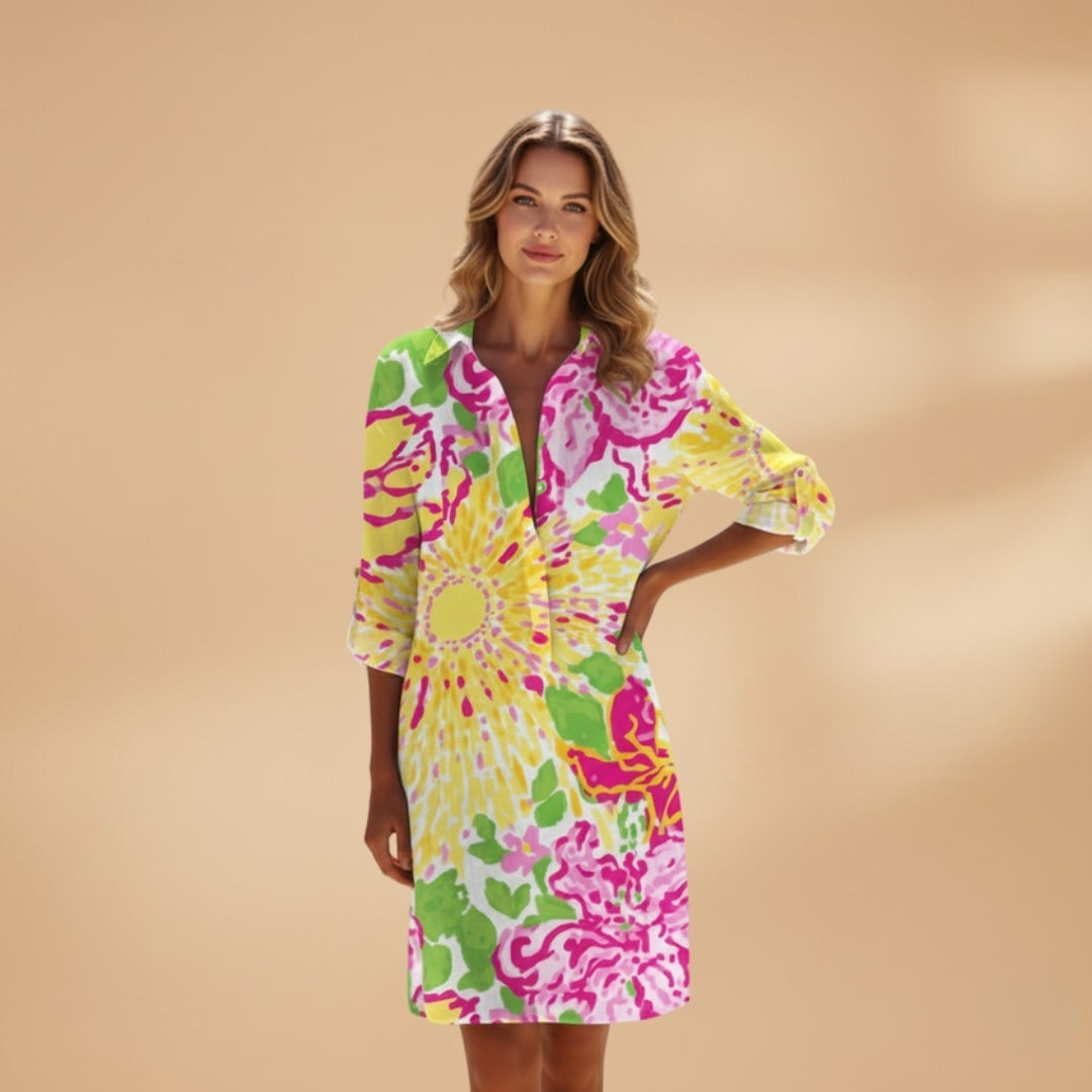 Patrícia | Vestido Camiseiro Estampado Floral Mulher Manga Comprida