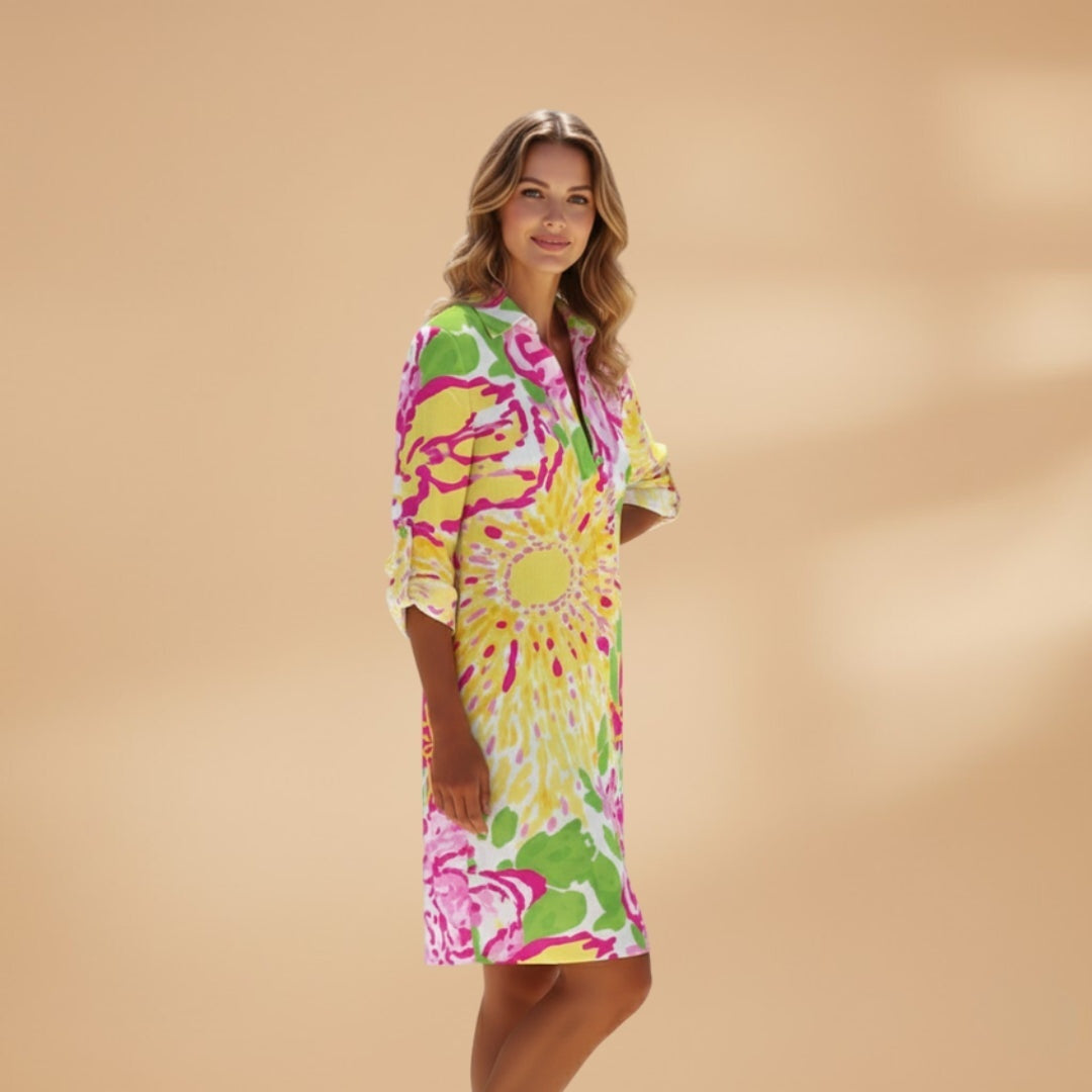 Patrícia | Vestido Camiseiro Estampado Floral Mulher Manga Comprida