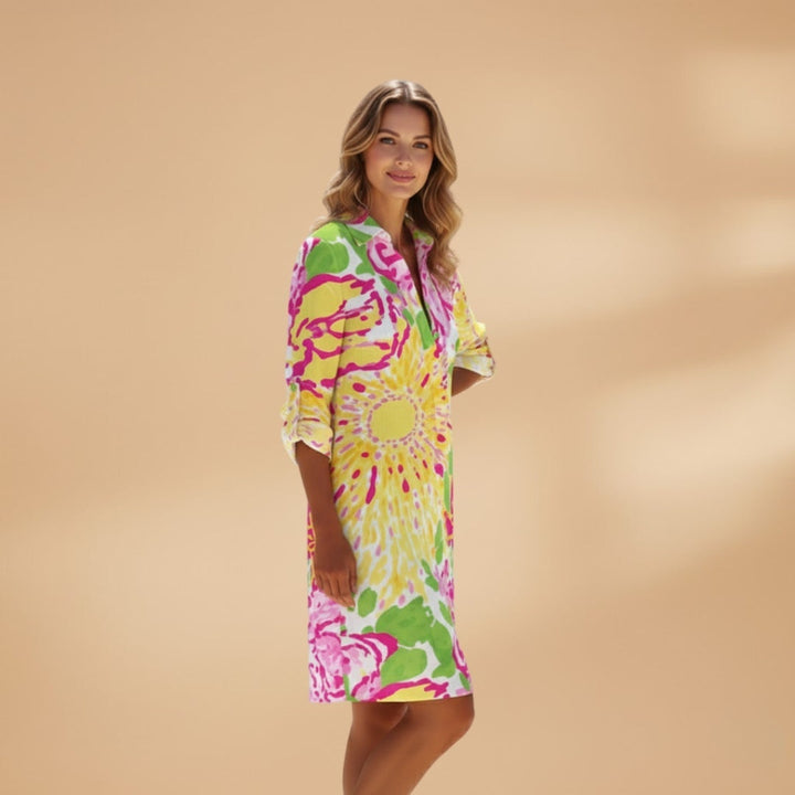 Patrícia | Vestido Camiseiro Estampado Floral Mulher Manga Comprida