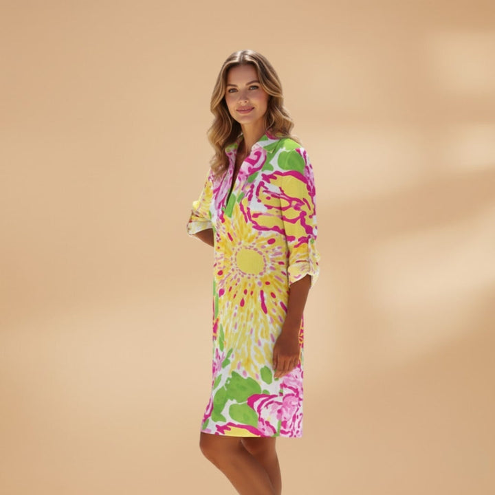 Patrícia | Vestido Camiseiro Estampado Floral Mulher Manga Comprida