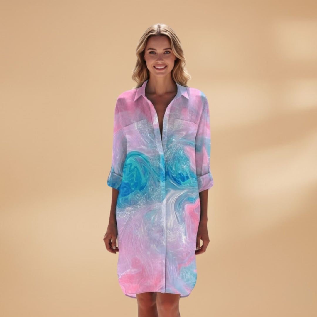 Patrícia | Vestido Camiseiro Estampado Floral Mulher Manga Comprida