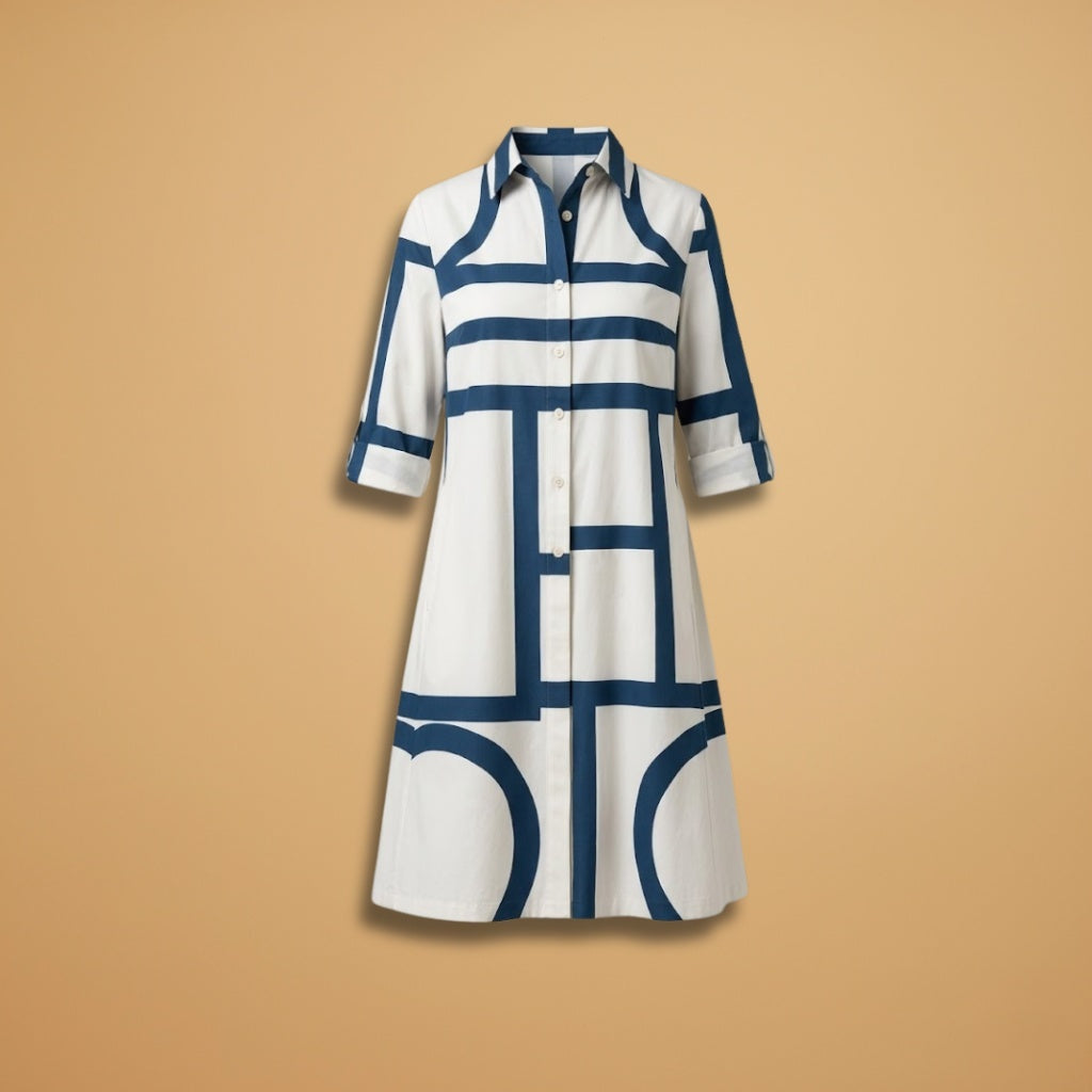Cláudia | Vestido Camiseiro Midi Geométrico Mulher
