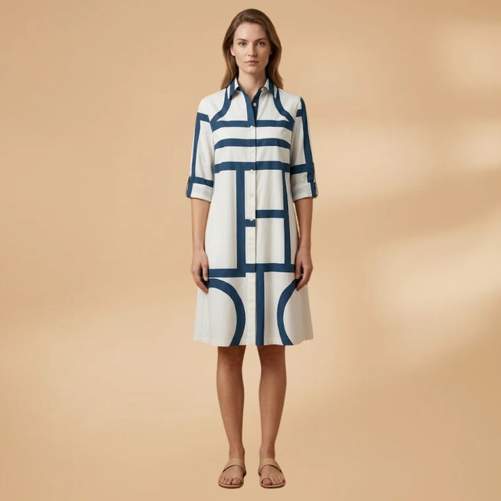 Cláudia | Vestido Camiseiro Midi Geométrico Mulher
