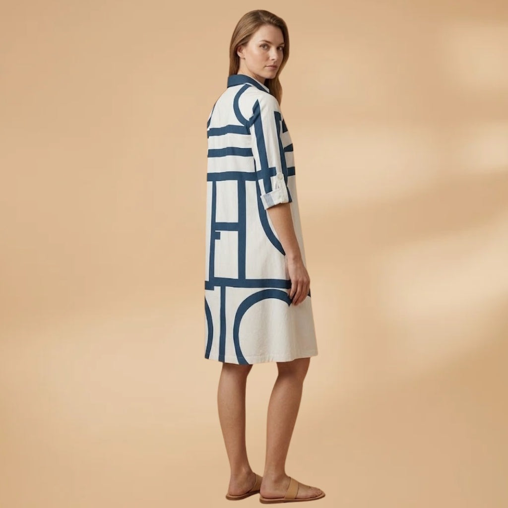 Cláudia | Vestido Camiseiro Midi Geométrico Mulher
