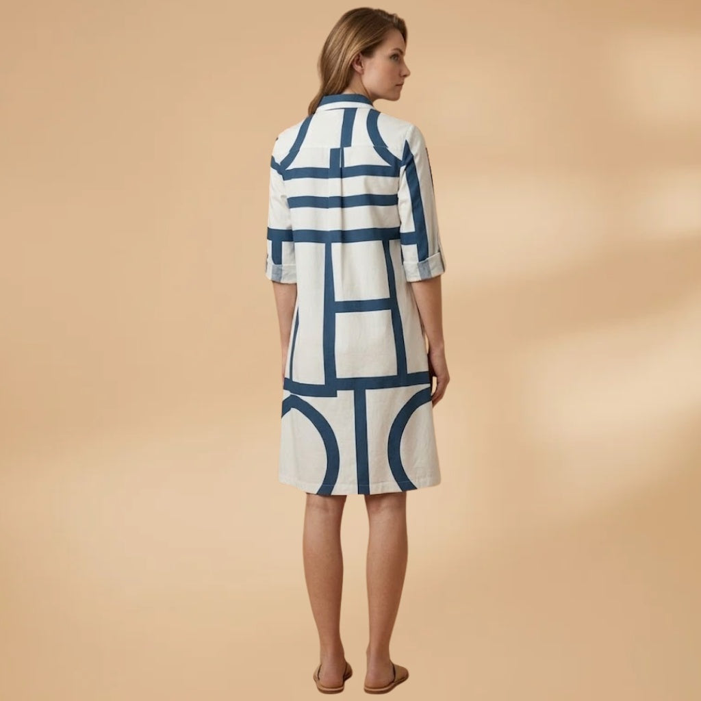 Cláudia | Vestido Camiseiro Midi Geométrico Mulher