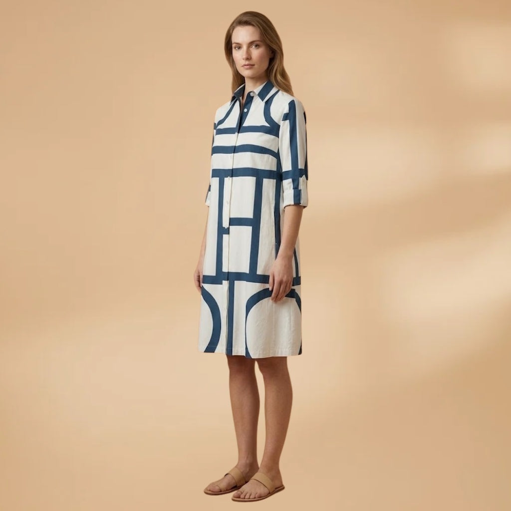 Cláudia | Vestido Camiseiro Midi Geométrico Mulher