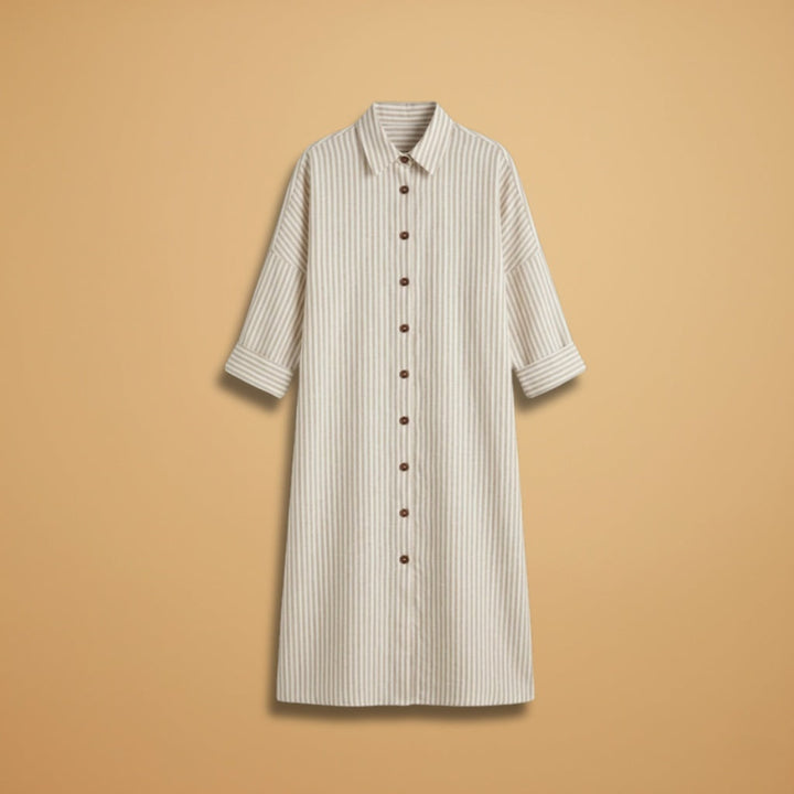 Manuela | Vestido Camiseiro Midi Mulher Às Riscas