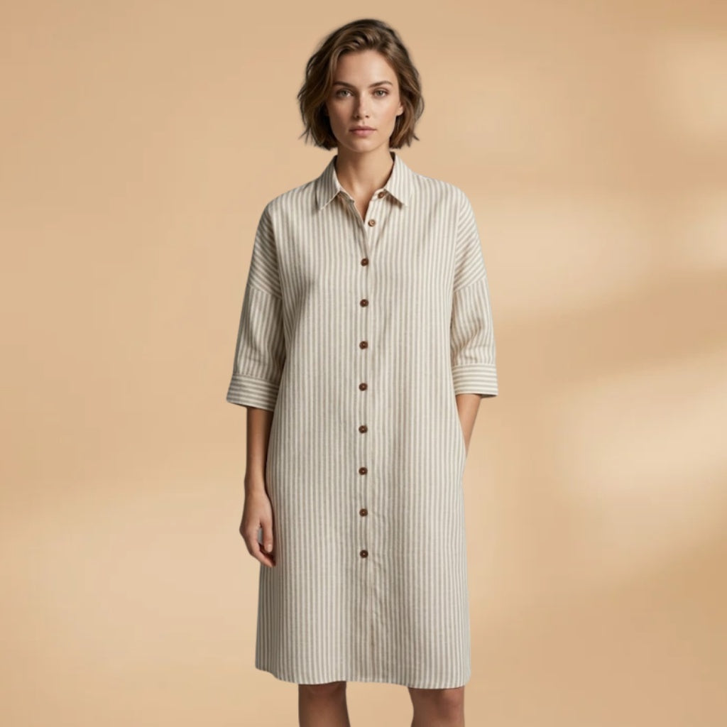 Manuela | Vestido Camiseiro Midi Mulher Às Riscas