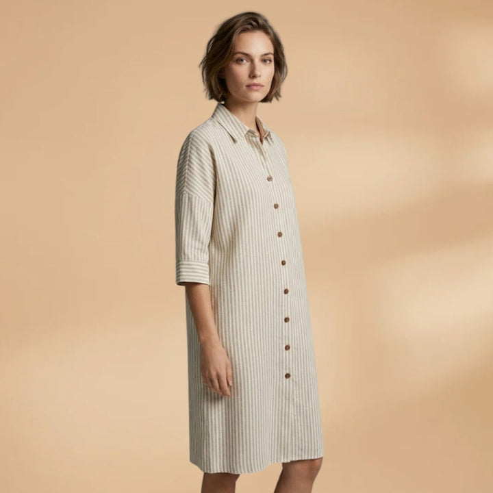 Manuela | Vestido Camiseiro Midi Mulher Às Riscas