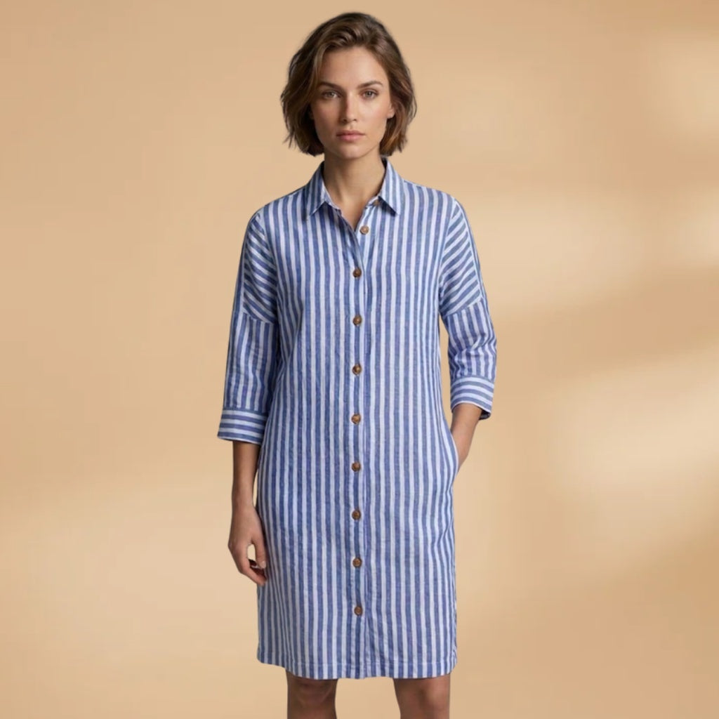 Manuela | Vestido Camiseiro Midi Mulher Às Riscas