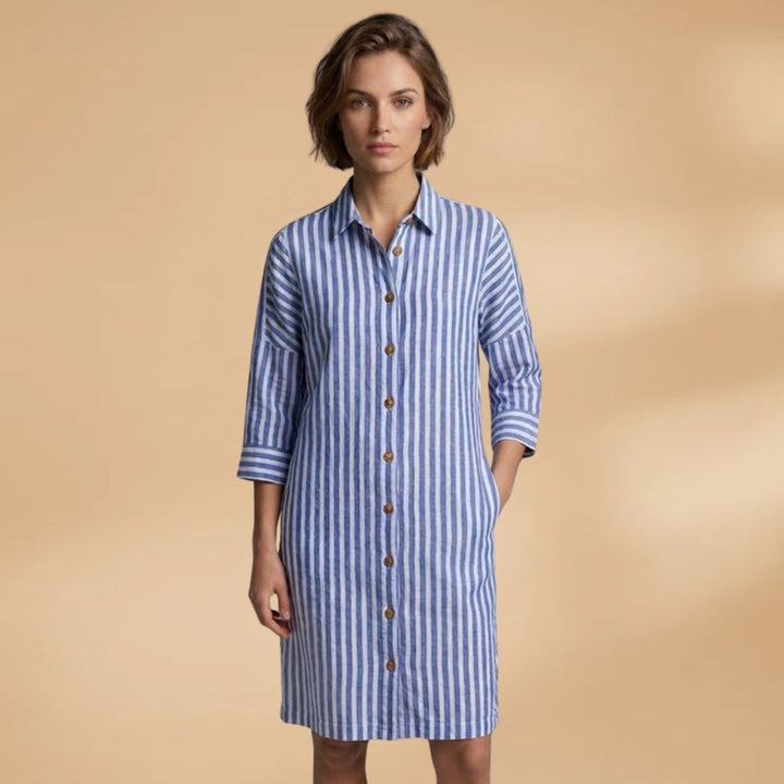 Manuela | Vestido Camiseiro Midi Mulher Às Riscas