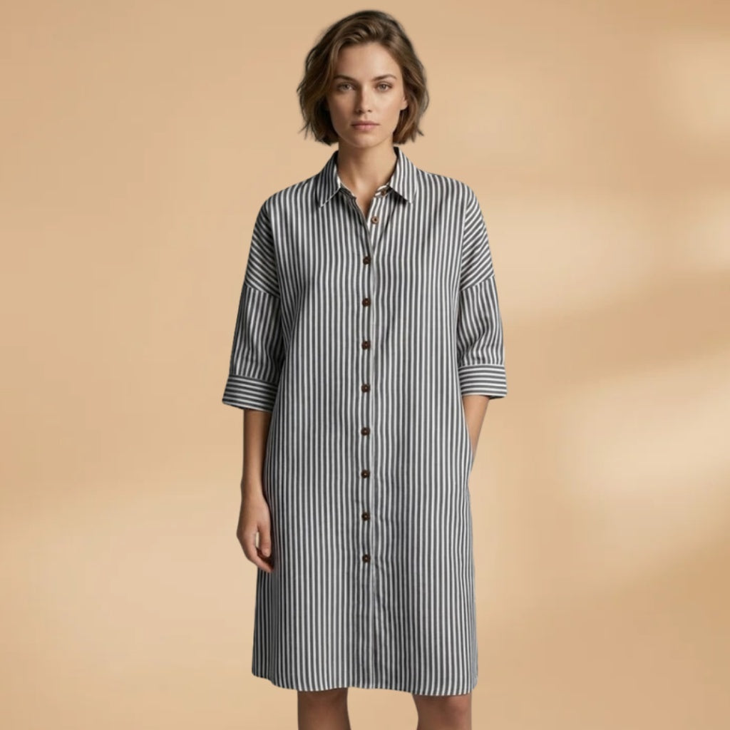 Manuela | Vestido Camiseiro Midi Mulher Às Riscas