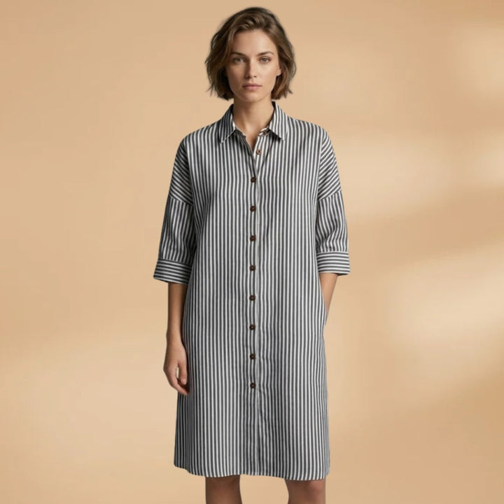 Manuela | Vestido Camiseiro Midi Mulher Às Riscas