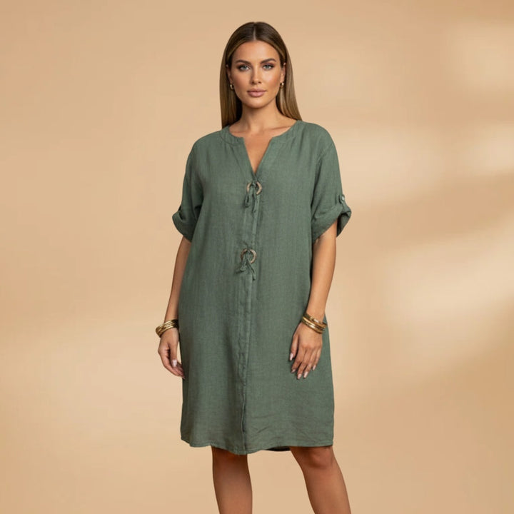 Mónica | Vestido Camiseiro Midi Mulher Manga Enrolada