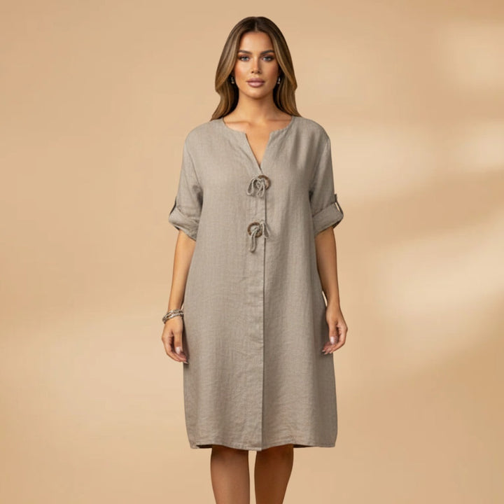 Mónica | Vestido Camiseiro Midi Mulher Manga Enrolada