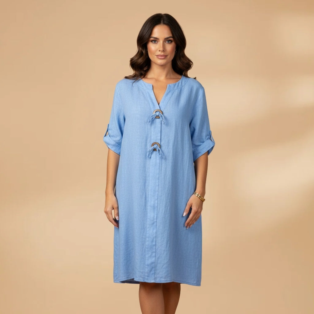 Mónica | Vestido Camiseiro Midi Mulher Manga Enrolada