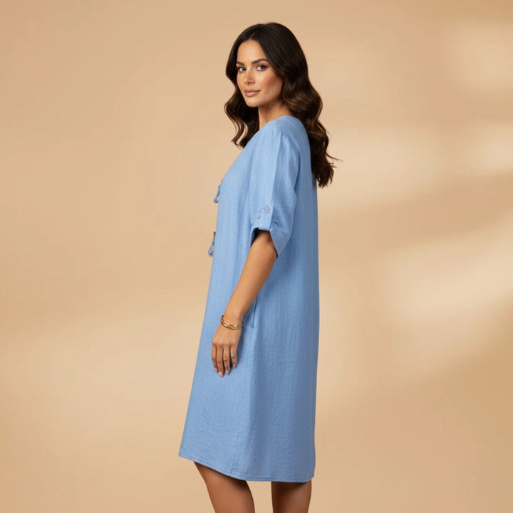Mónica | Vestido Camiseiro Midi Mulher Manga Enrolada