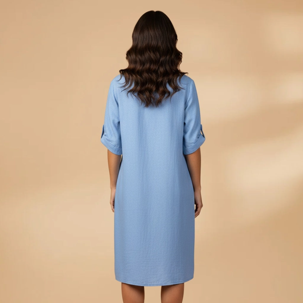 Mónica | Vestido Camiseiro Midi Mulher Manga Enrolada