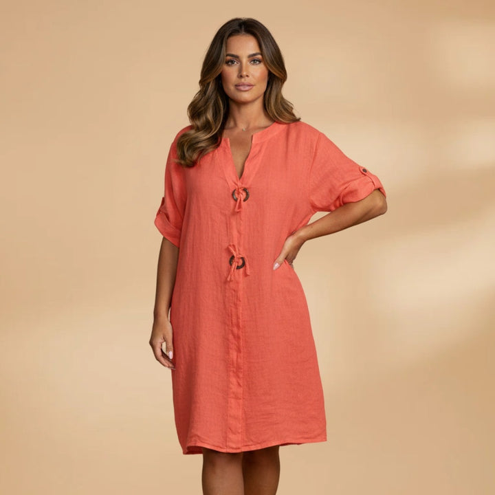 Mónica | Vestido Camiseiro Midi Mulher Manga Enrolada