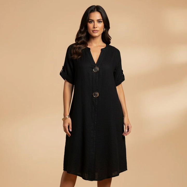 Mónica | Vestido Camiseiro Midi Mulher Manga Enrolada