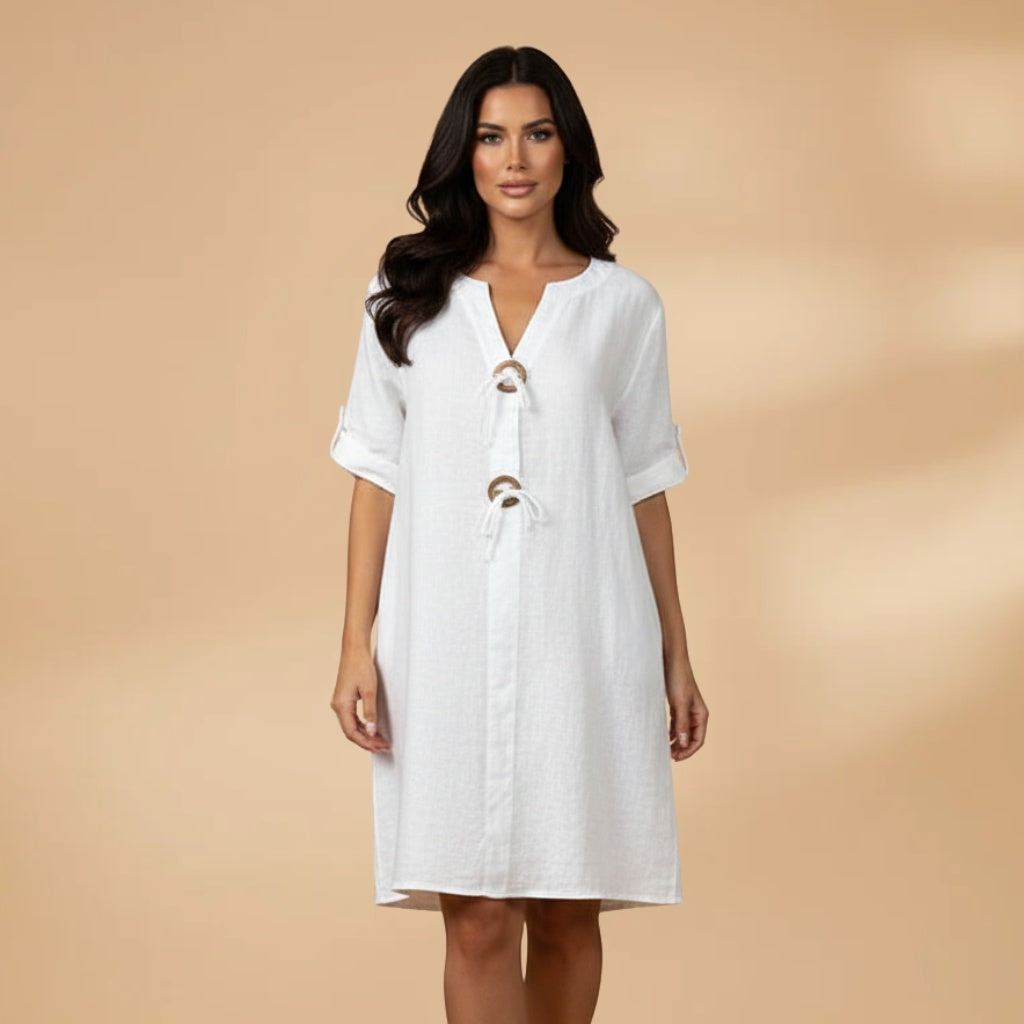 Mónica | Vestido Camiseiro Midi Mulher Manga Enrolada