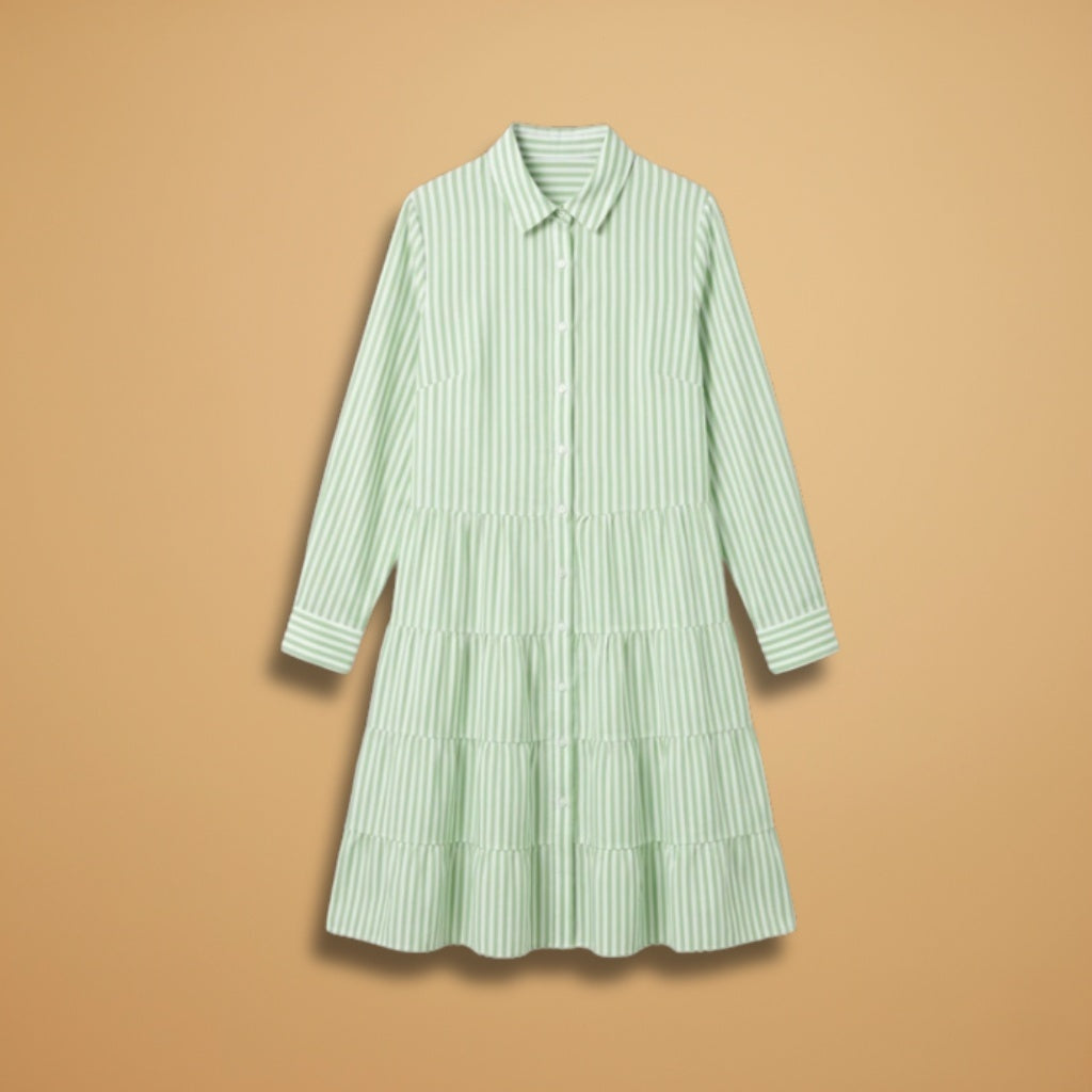 Luísa | Vestido Camiseiro Midi Riscado Mulher Manga Comprida