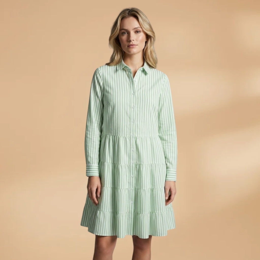 Luísa | Vestido Camiseiro Midi Riscado Mulher Manga Comprida